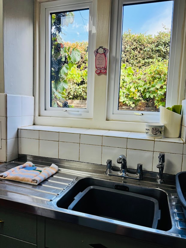 The kitchen sink at Blue Waters below a window looking out onto the vines